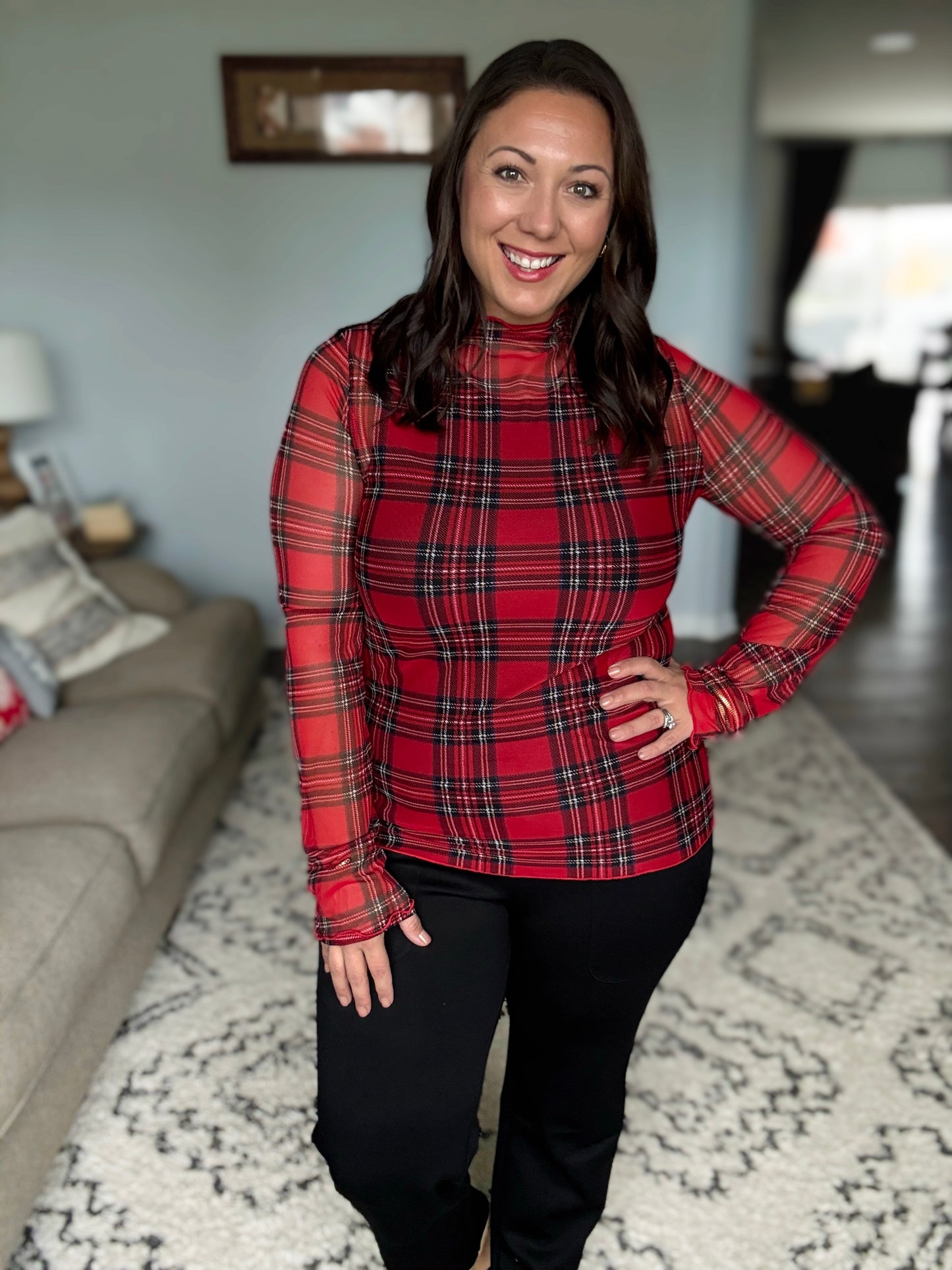 In the Present Plaid Mesh Layering Top in Red
