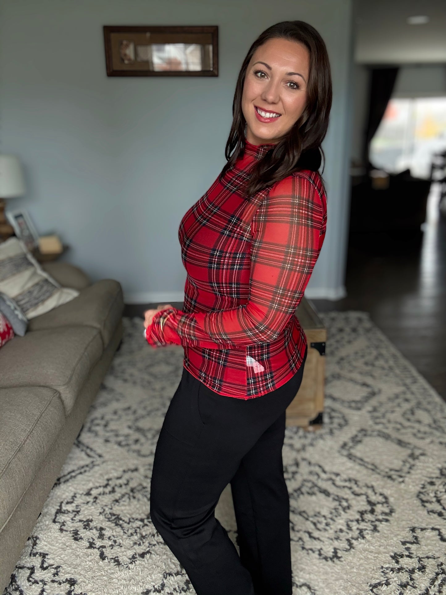 In the Present Plaid Mesh Layering Top in Red