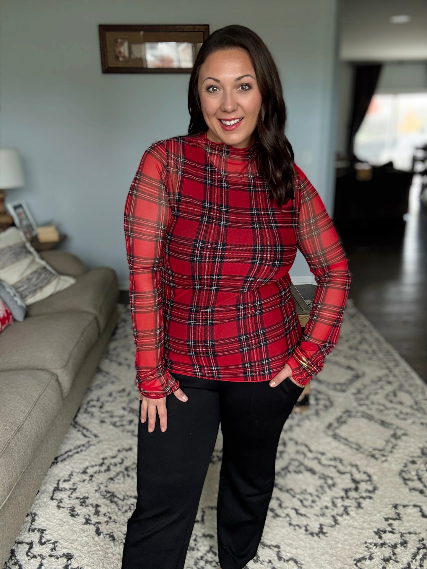 In the Present Plaid Mesh Layering Top in Red