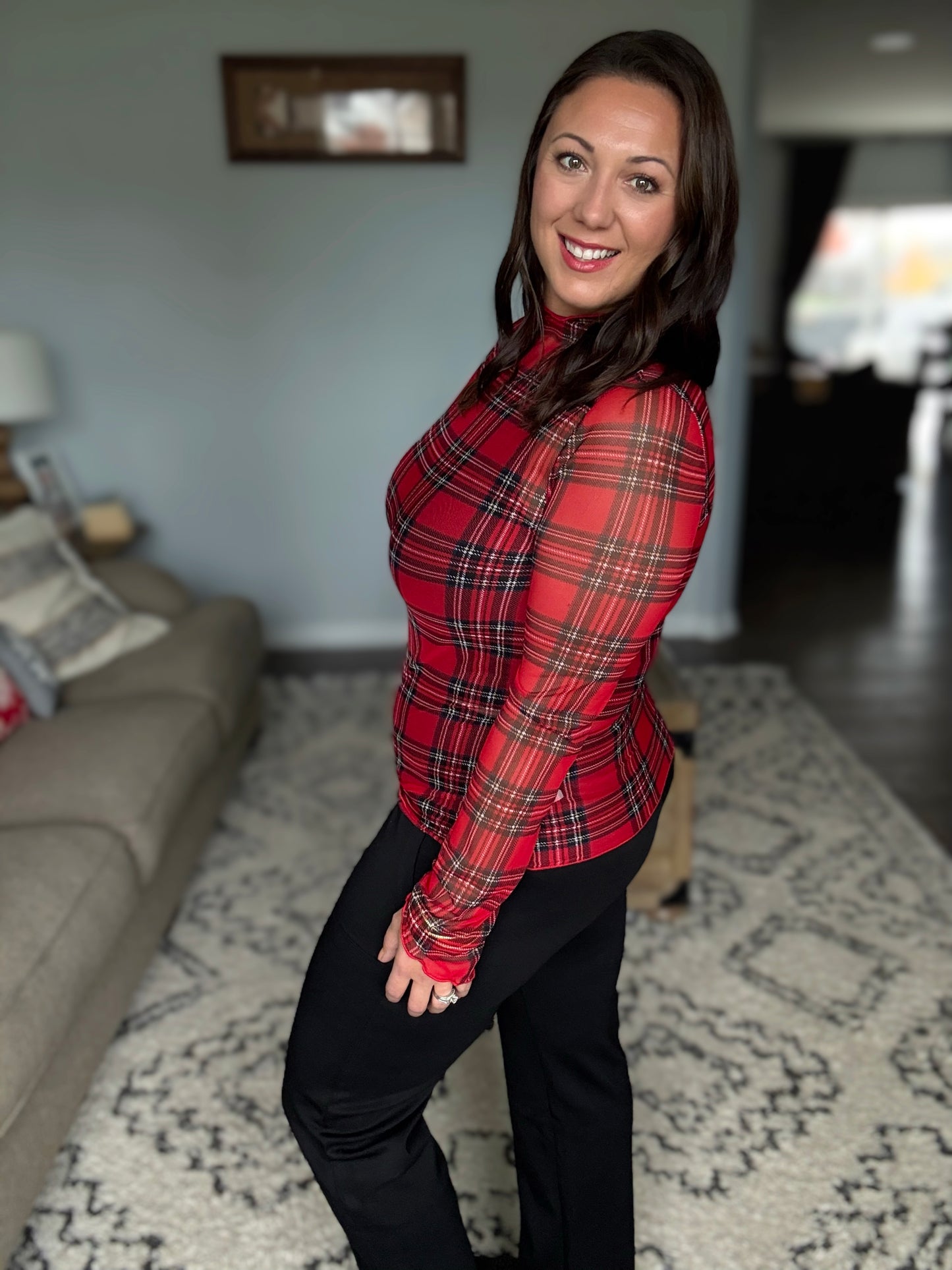 In the Present Plaid Mesh Layering Top in Red