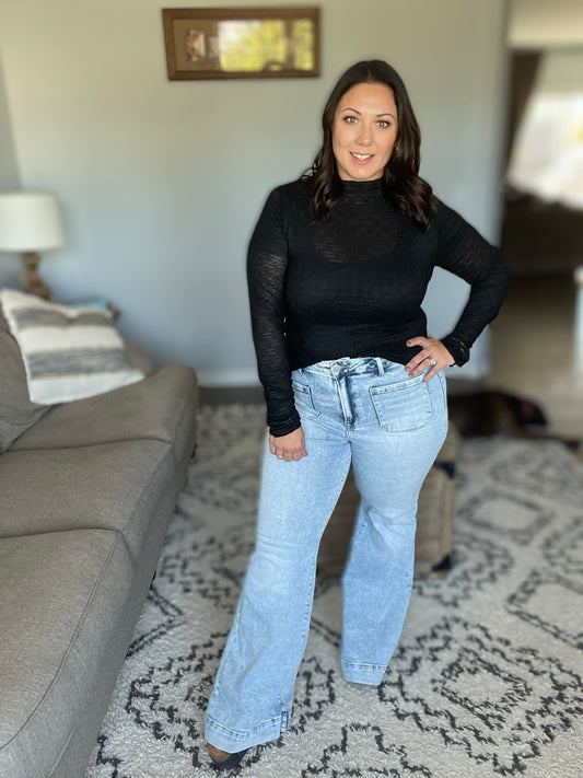 Ava Michelle High Rise Front Patch Pocket Flare Jeans (Tall/Long Friendly)
