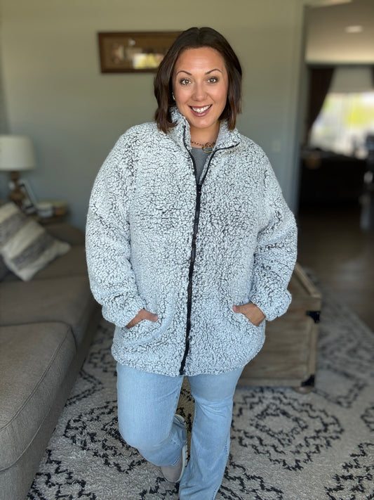 Michelle Mae Two Tone Fullzip Sherpa - Charcoal and White