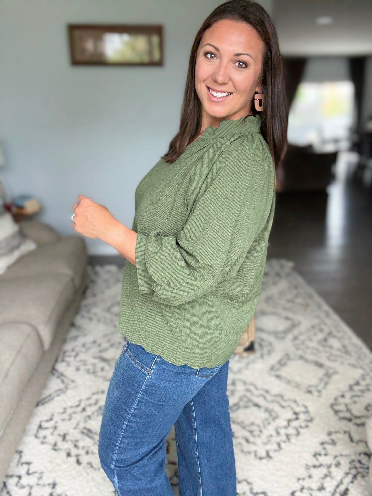 Umgee Textured Notched Balloon Sleeve Blouse in Olive