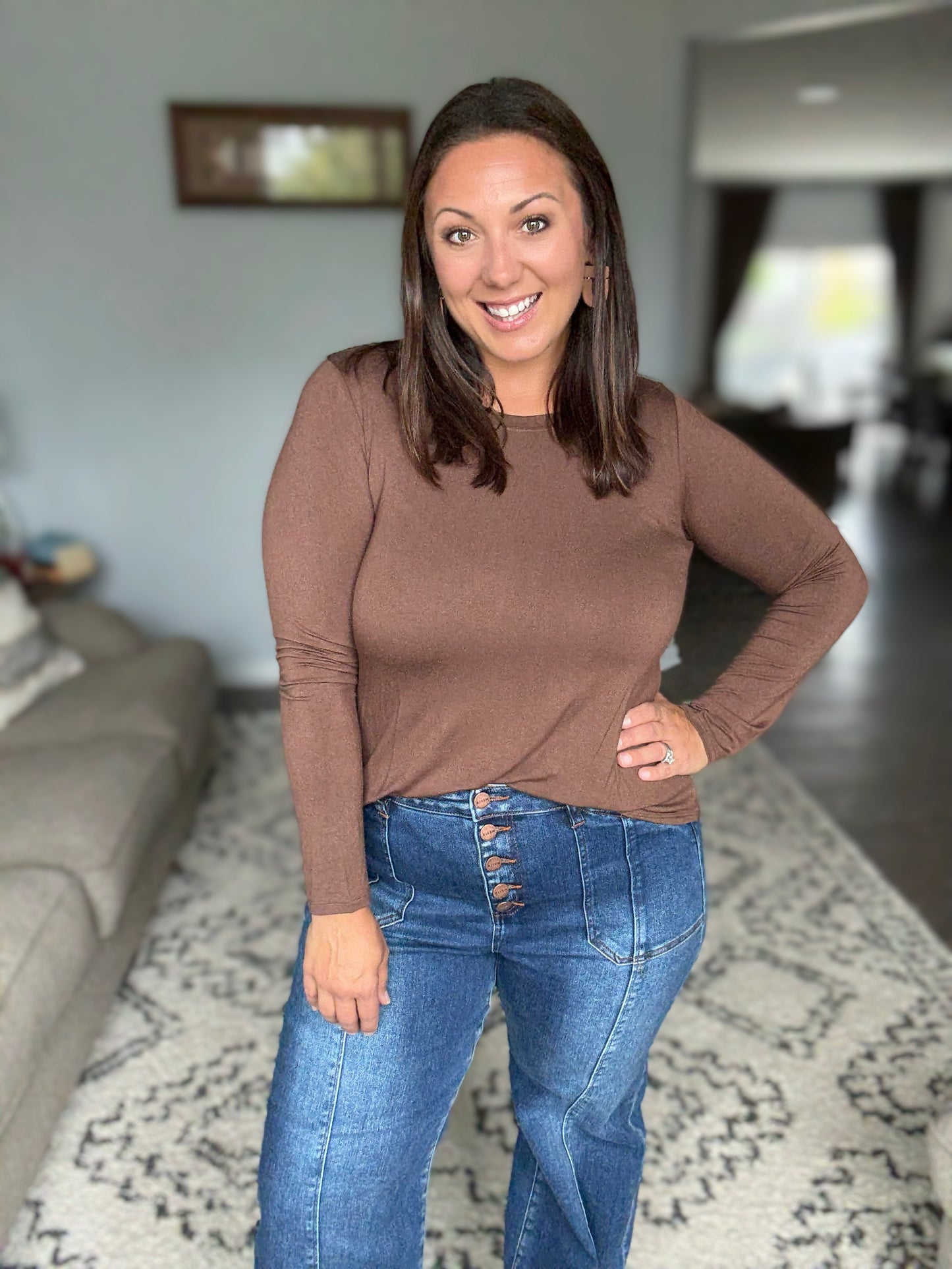 Zenana Flowy Round Hem Rayon Long Sleeve Top in Brown