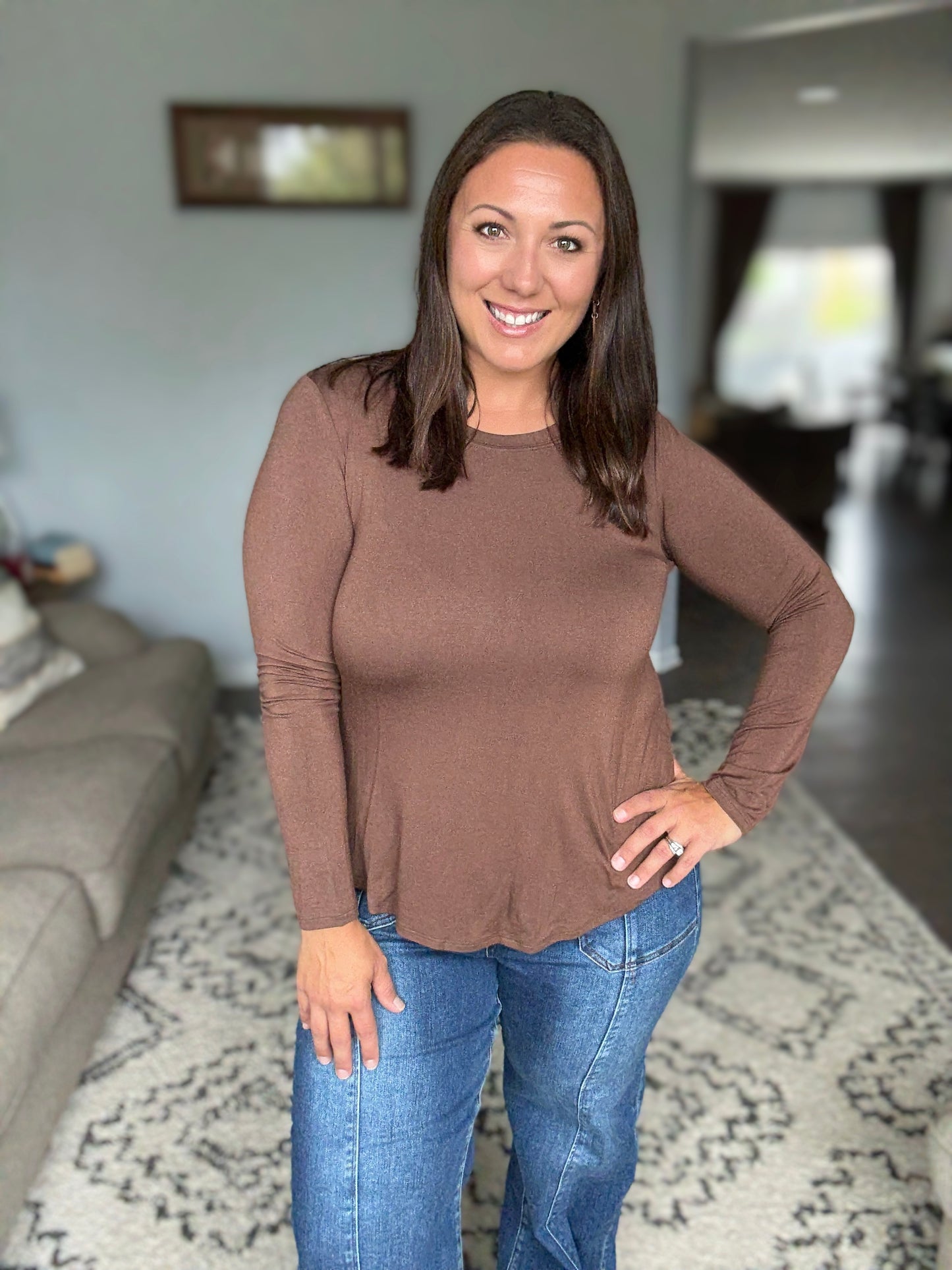 Zenana Flowy Round Hem Rayon Long Sleeve Top in Brown