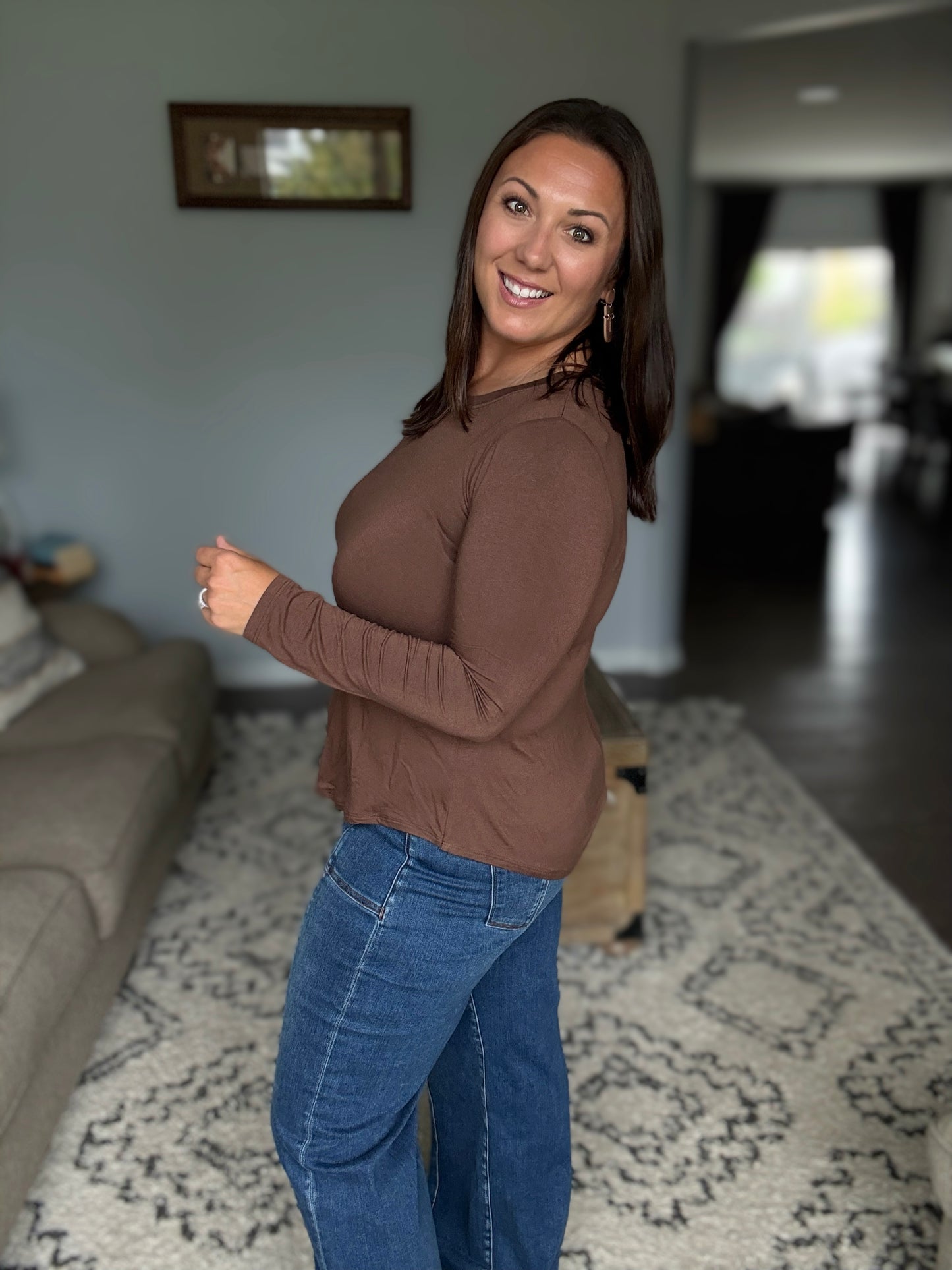 Zenana Flowy Round Hem Rayon Long Sleeve Top in Brown