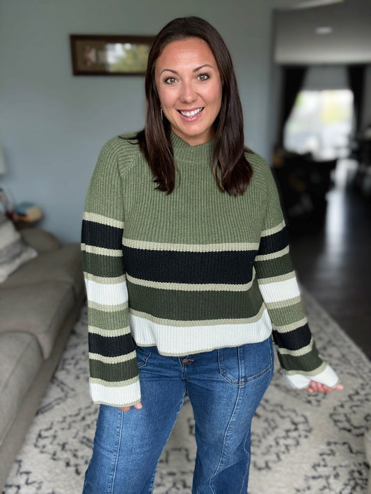 SO ME Multi Color Striped Mock Neck Sweater in Olive Combo