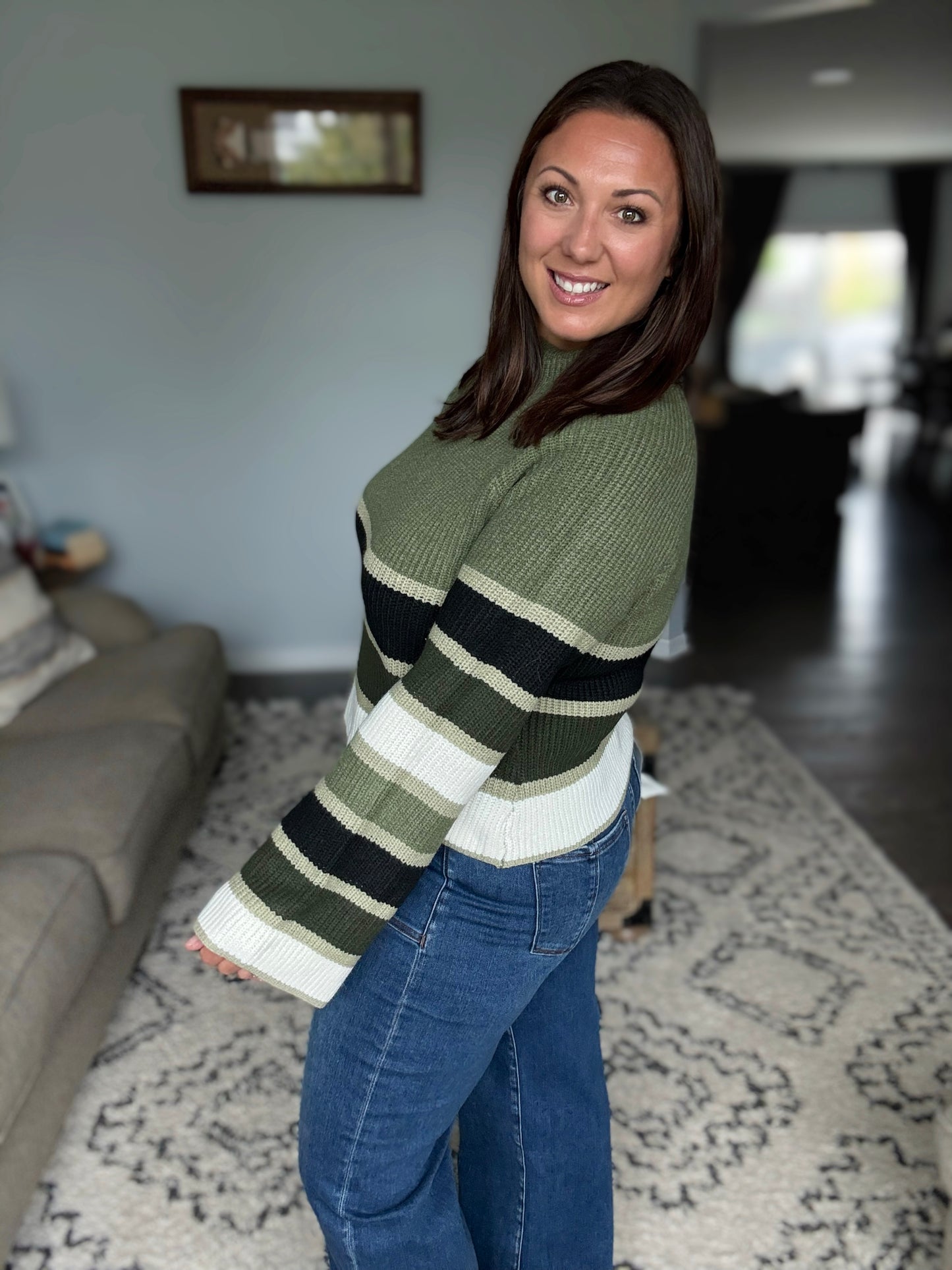 SO ME Multi Color Striped Mock Neck Sweater in Olive Combo