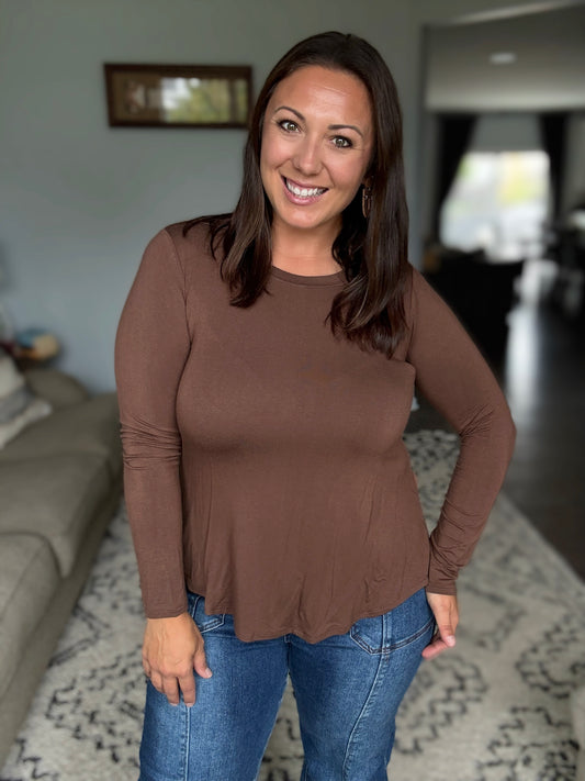 Zenana Flowy Round Hem Rayon Long Sleeve Top in Brown