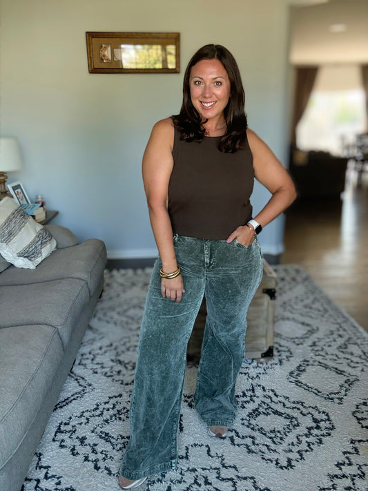 RISEN High Rise Wide Leg Corduroy Jeans in Forest Green