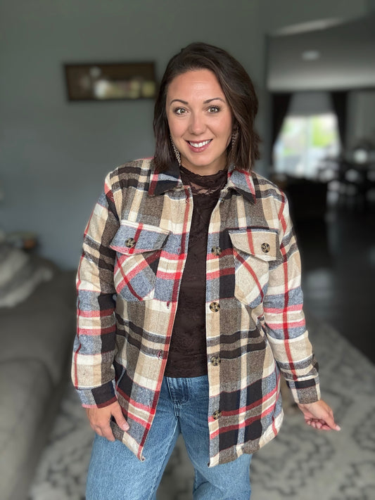 Cozy Plaid Sherpa Lined Shacket in Coffee
