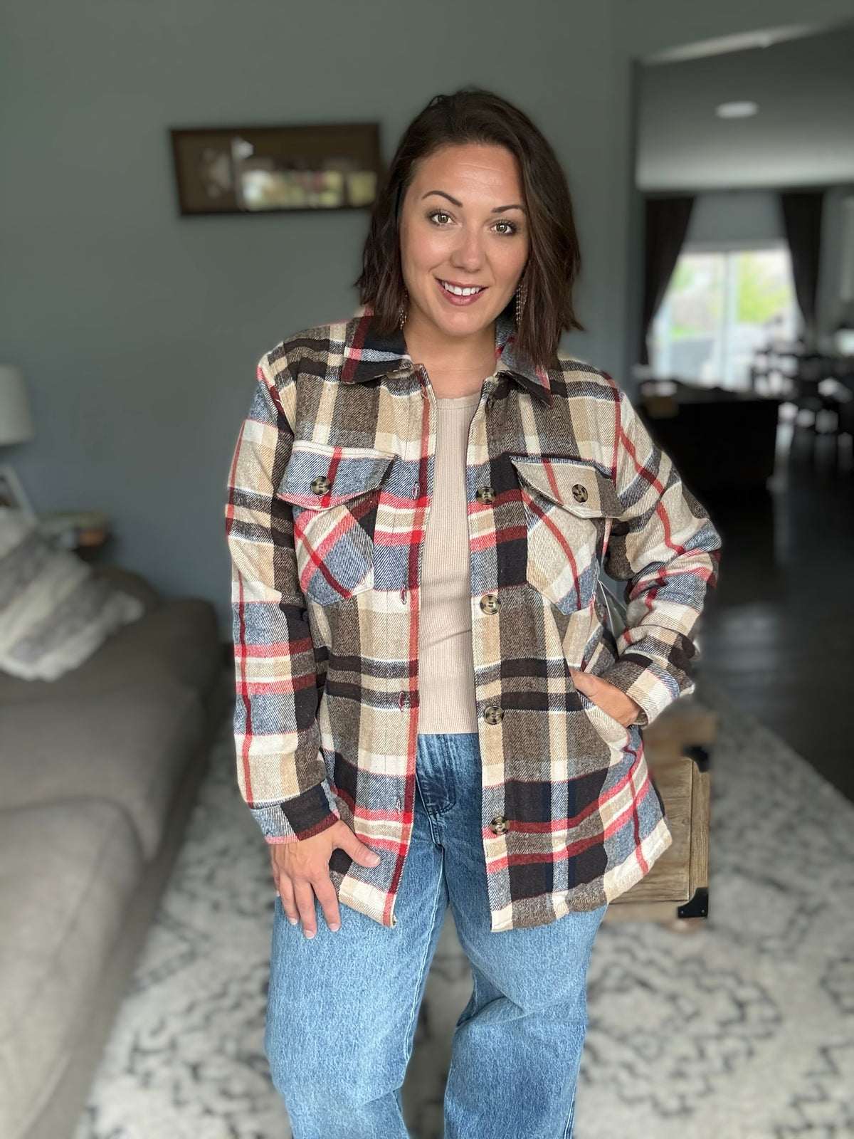 Cozy Plaid Sherpa Lined Shacket in Coffee