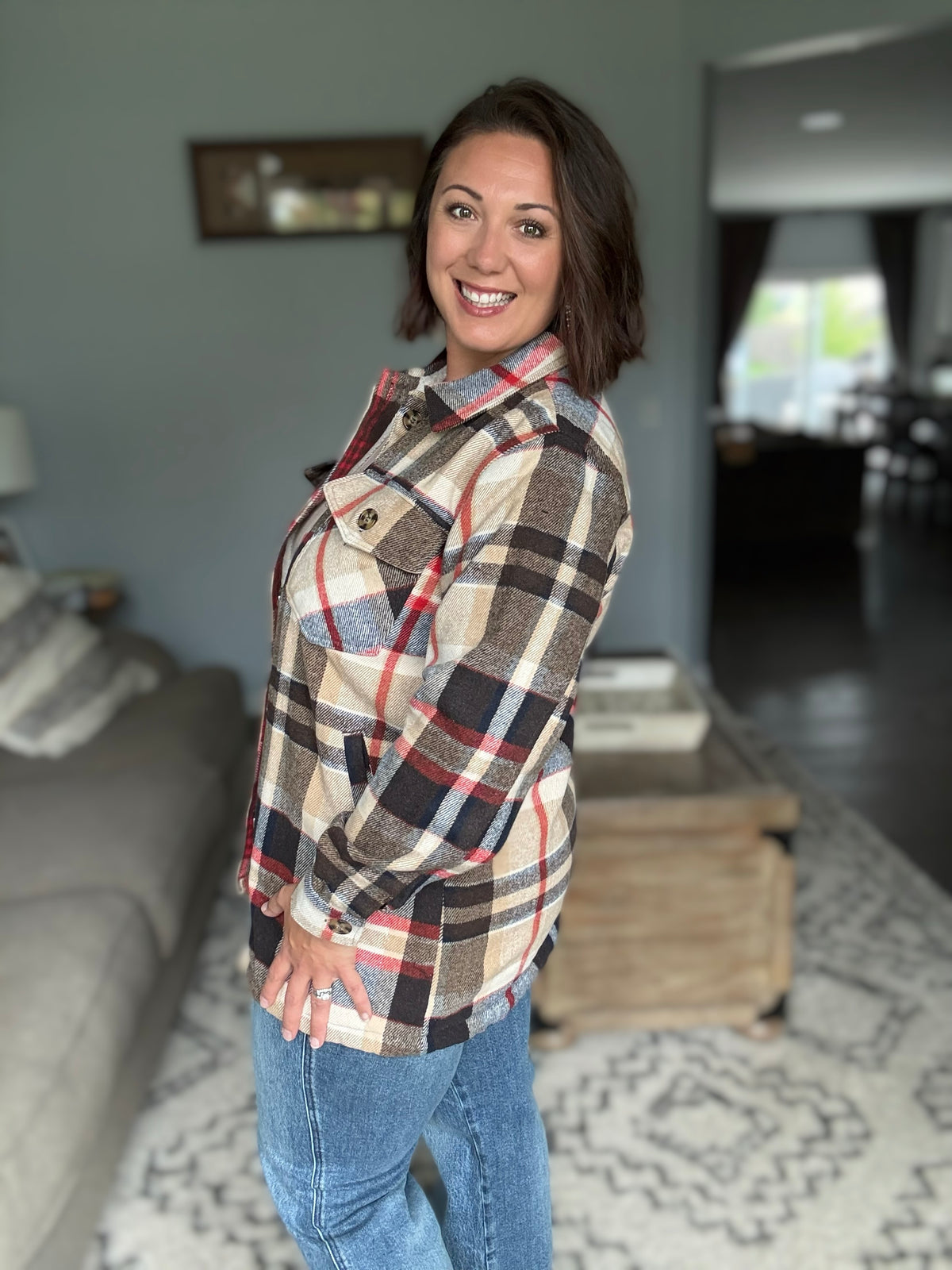 Cozy Plaid Sherpa Lined Shacket in Coffee