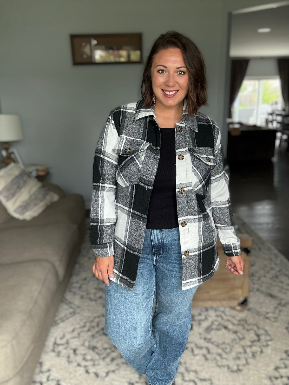 Cozy Cabin Plaid Vibes Sherpa Shacket in Black and White