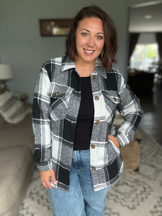 Cozy Cabin Plaid Vibes Sherpa Shacket in Black and White