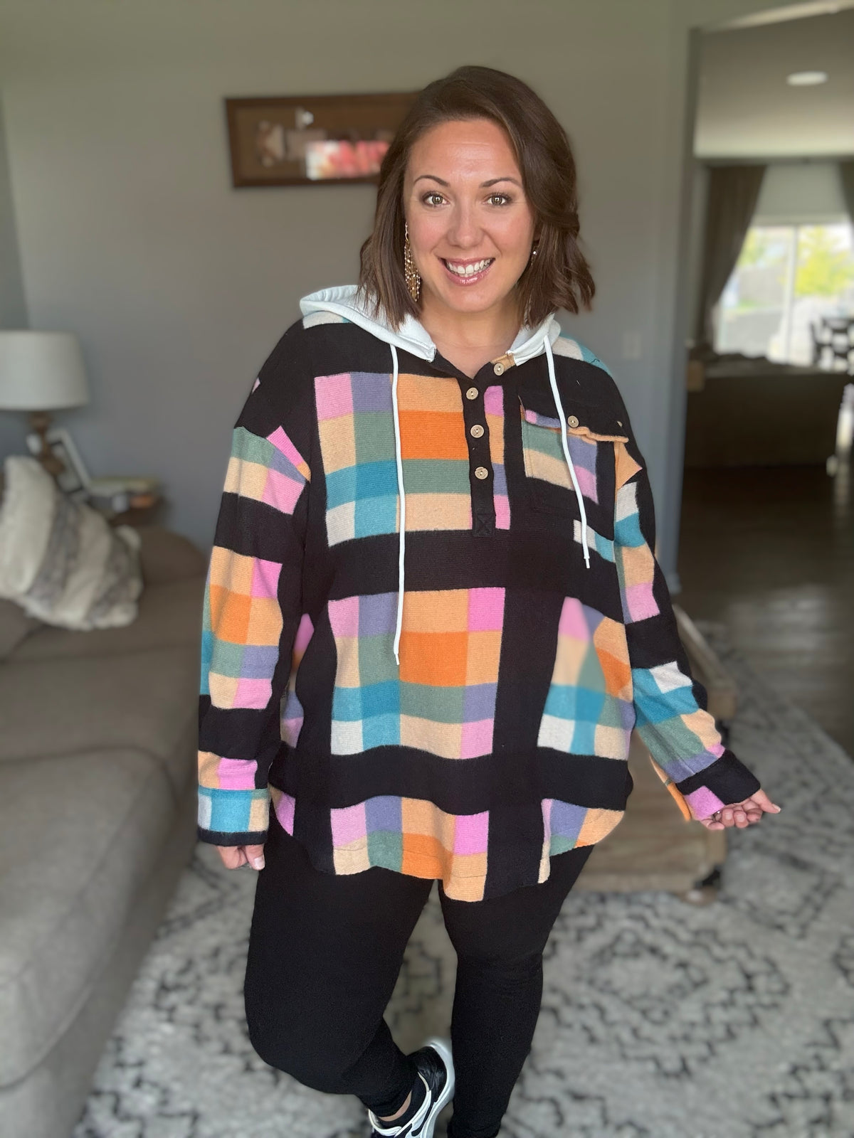 Perfectly Plaid Hooded Henley Top