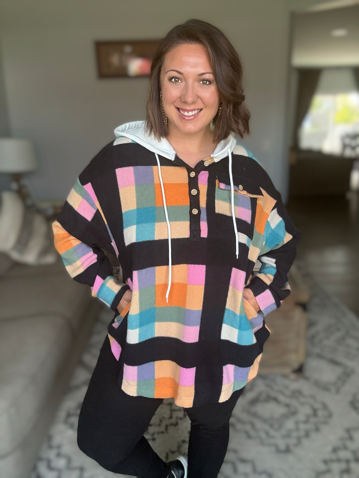 Perfectly Plaid Hooded Henley Top