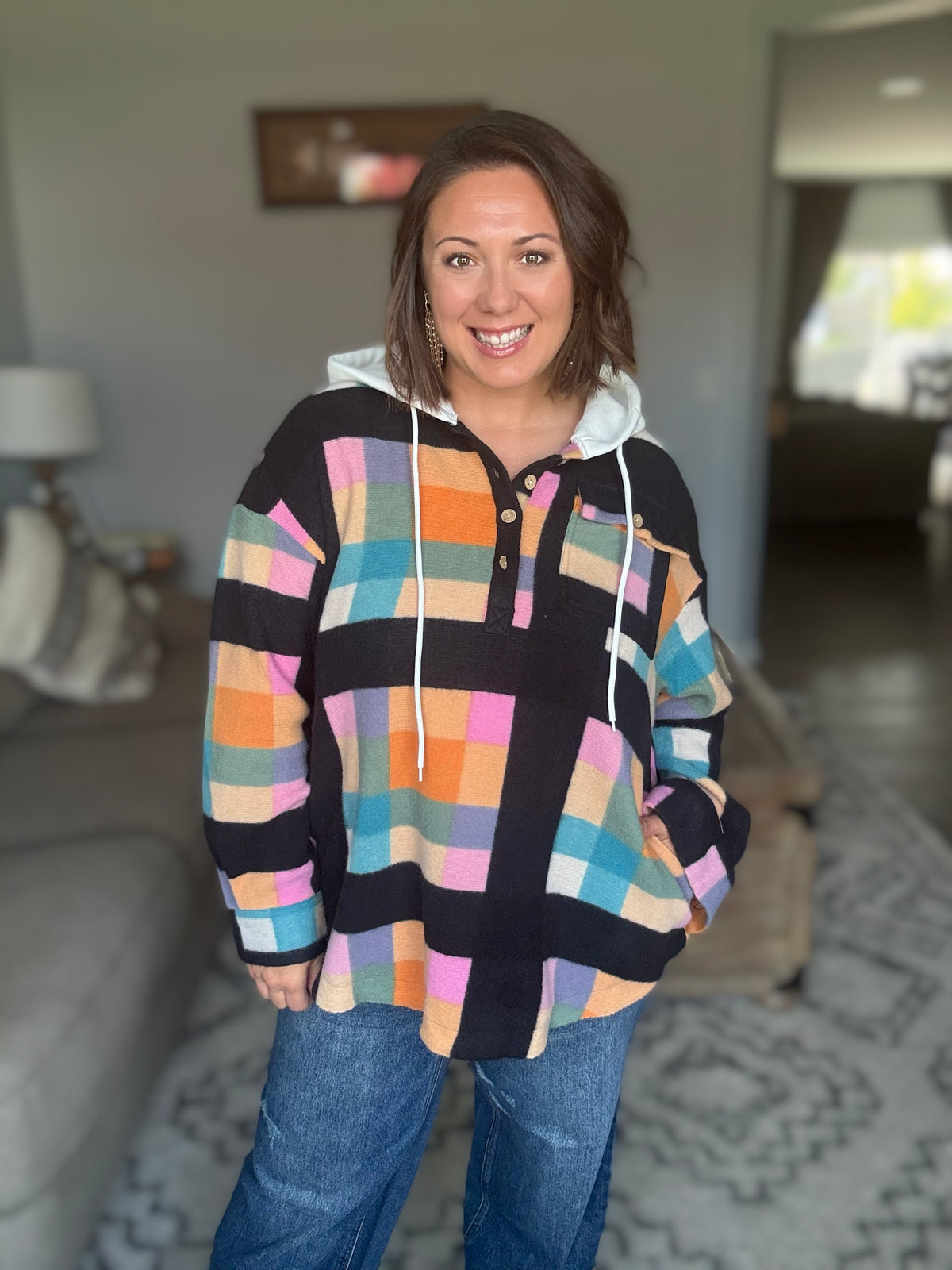 Perfectly Plaid Hooded Henley Top