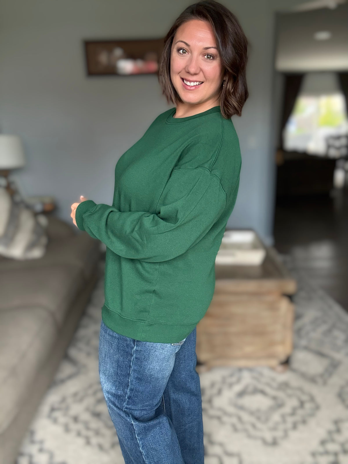 Keep Her Close Drop Shoulder Pullover in Evergreen