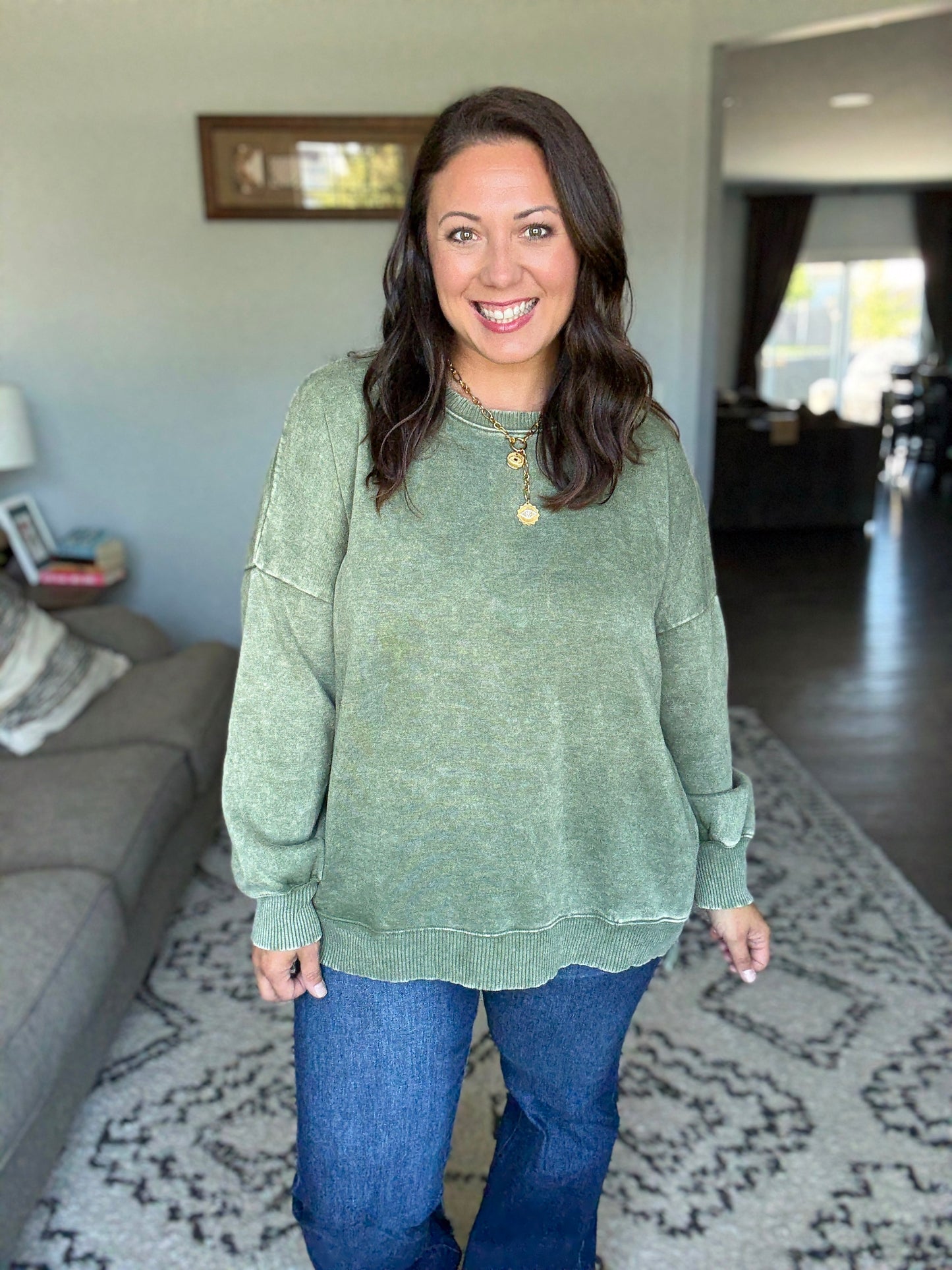 Safe and Secure Mineral Wash Pullover in Light Olive