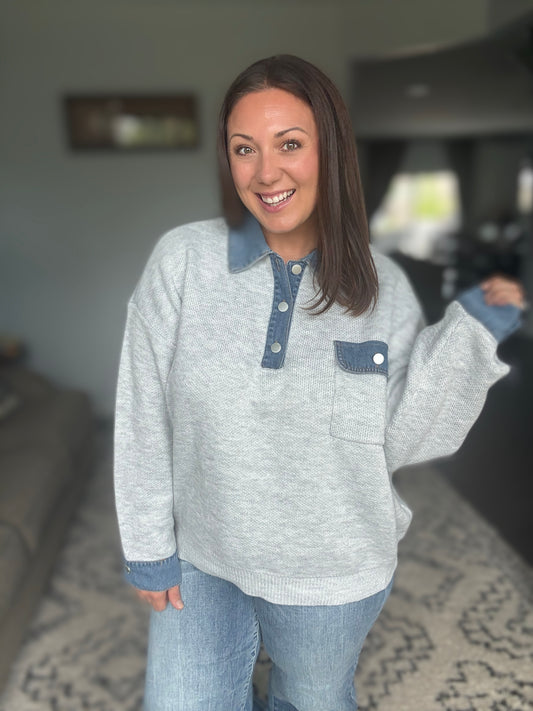 Cozy Knit Pullover with Denim Contrast Details
