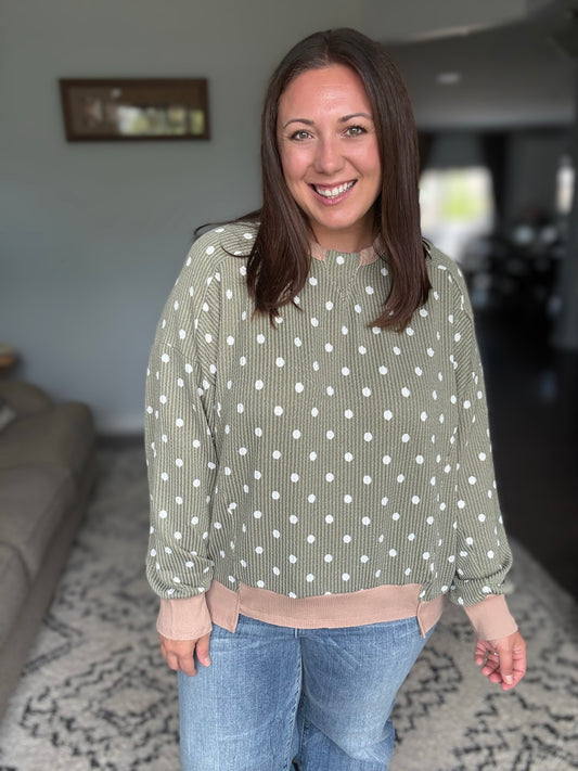 Cozy Dots Ribbed Pullover in Olive