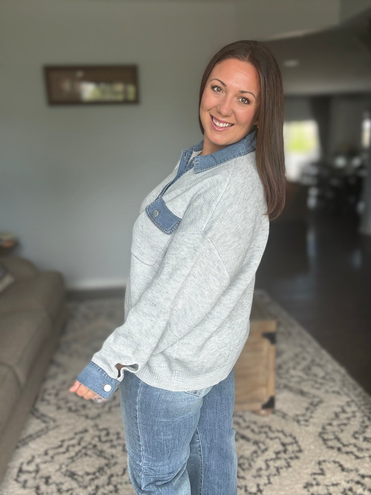 Cozy Knit Pullover with Denim Contrast Details