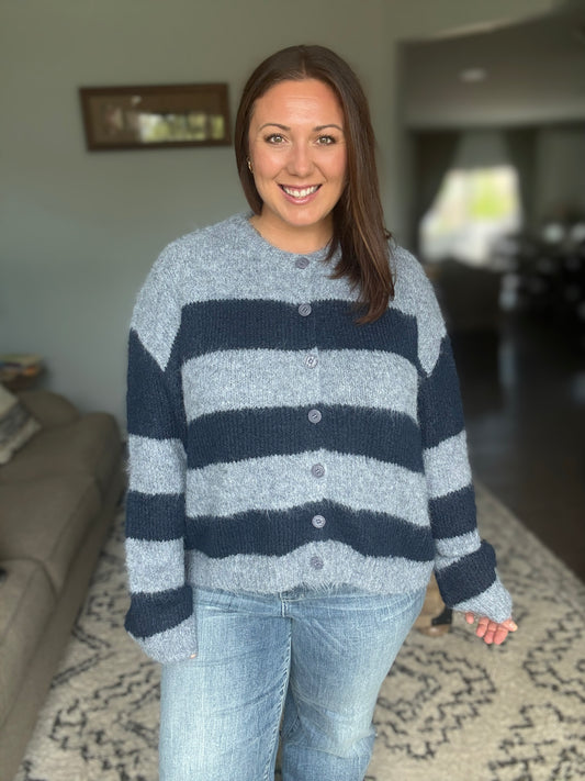 Cuddle Up Button Fuzzy Cardigan in Navy