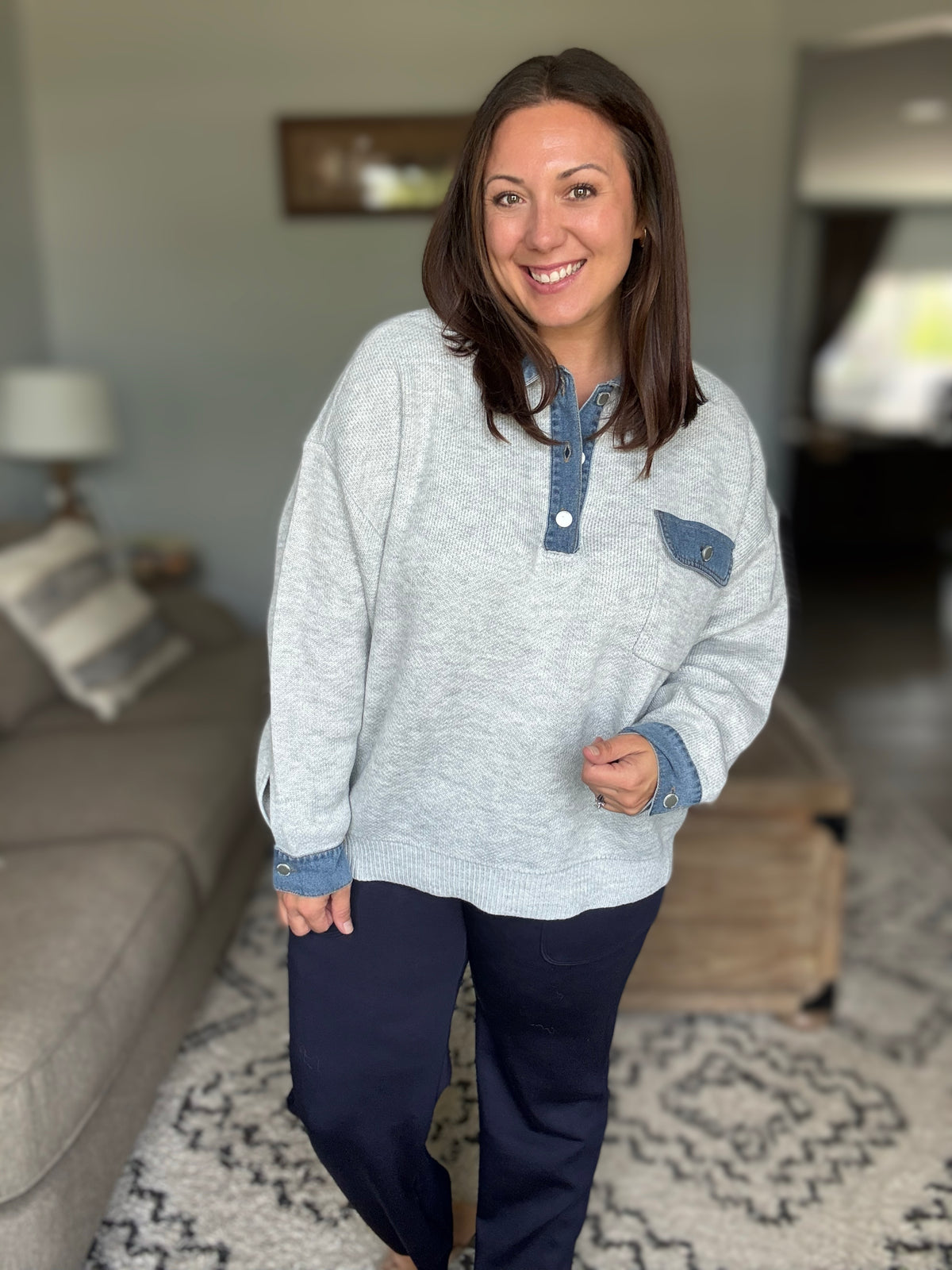 Cozy Knit Pullover with Denim Contrast Details