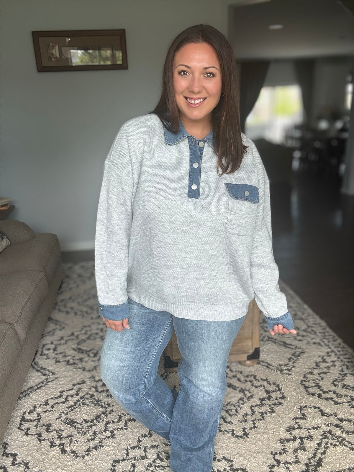 Cozy Knit Pullover with Denim Contrast Details