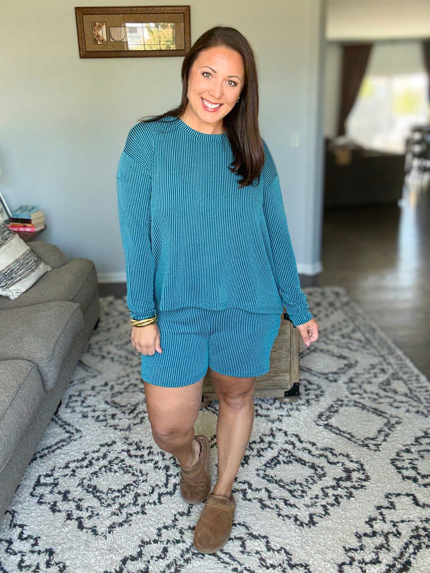 Zenana Corded Ribbed Long Sleeve Top and Shorts Set in Teal
