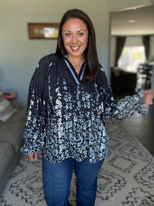Umgee Full Size Floral Vine Print Blouse with Balloon Sleeves in Black