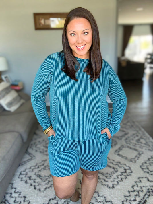 Zenana Corded Ribbed Long Sleeve Top and Shorts Set in Teal