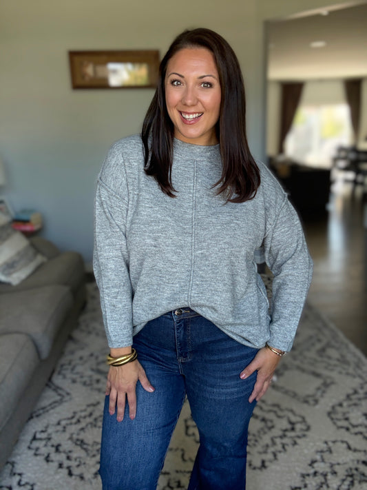 Zenana Melange Front Seam Round-Neck Sweater in Heathered Grey