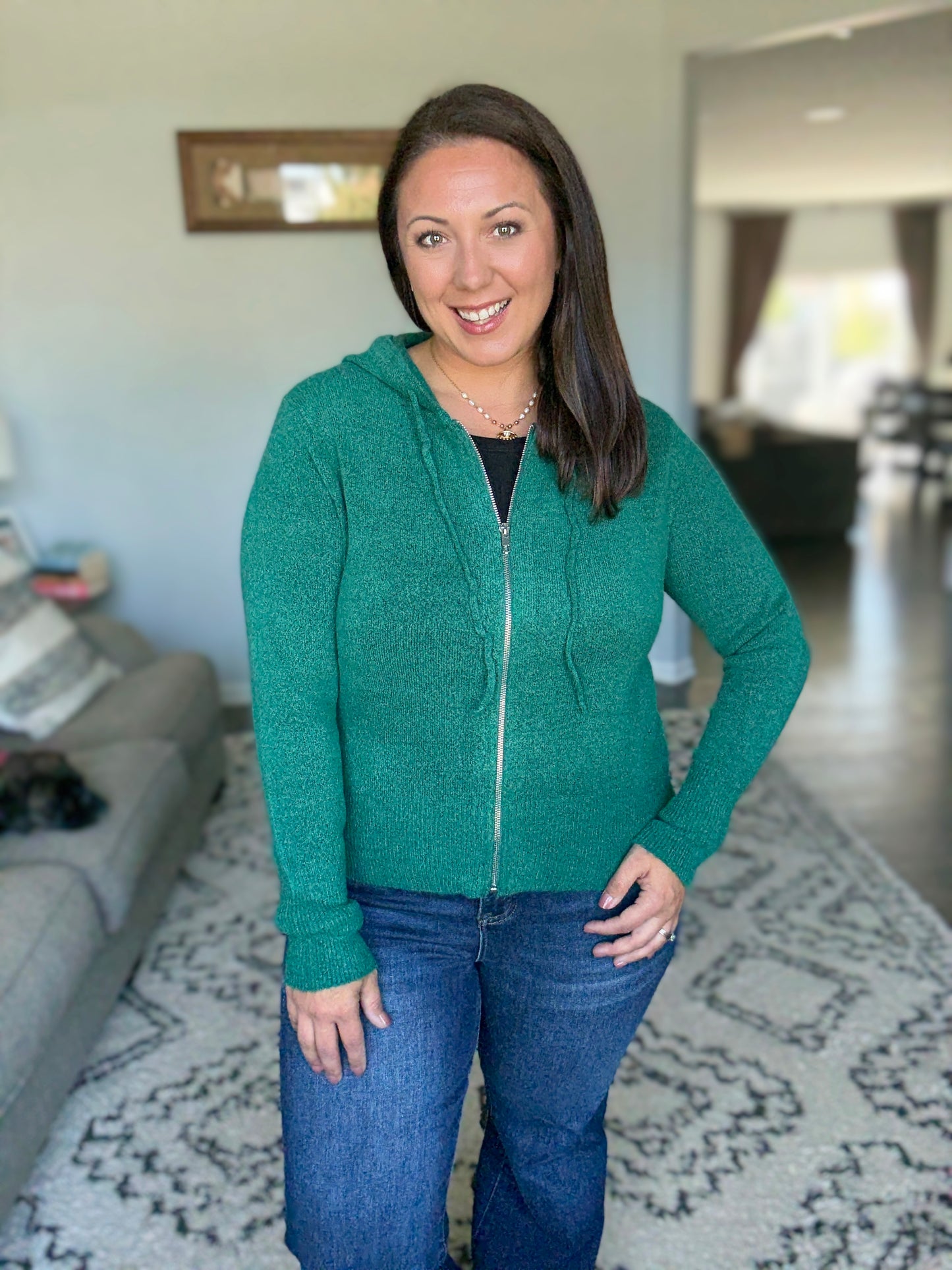 Zenana Drawstring Zip Up Hooded Cardigan in Hunter Green