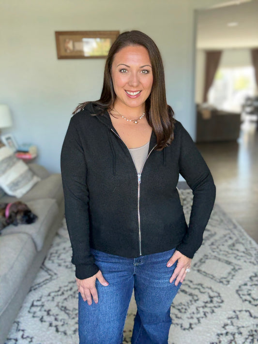 Zenana Drawstring Zip Up Hooded Cardigan in Black