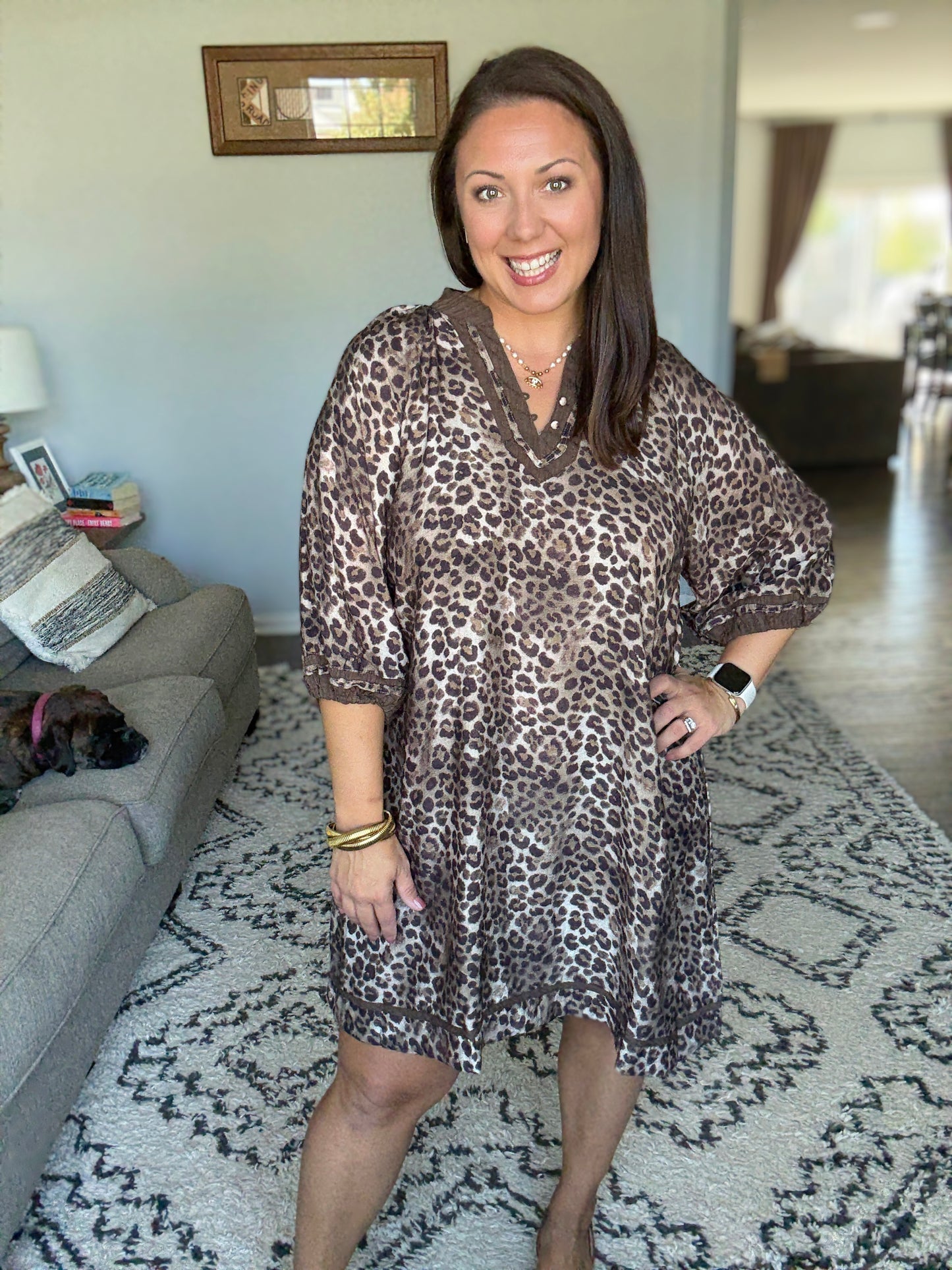 Umgee Full Size Leopard Print Mini Dress with Contrast Trim in Grey