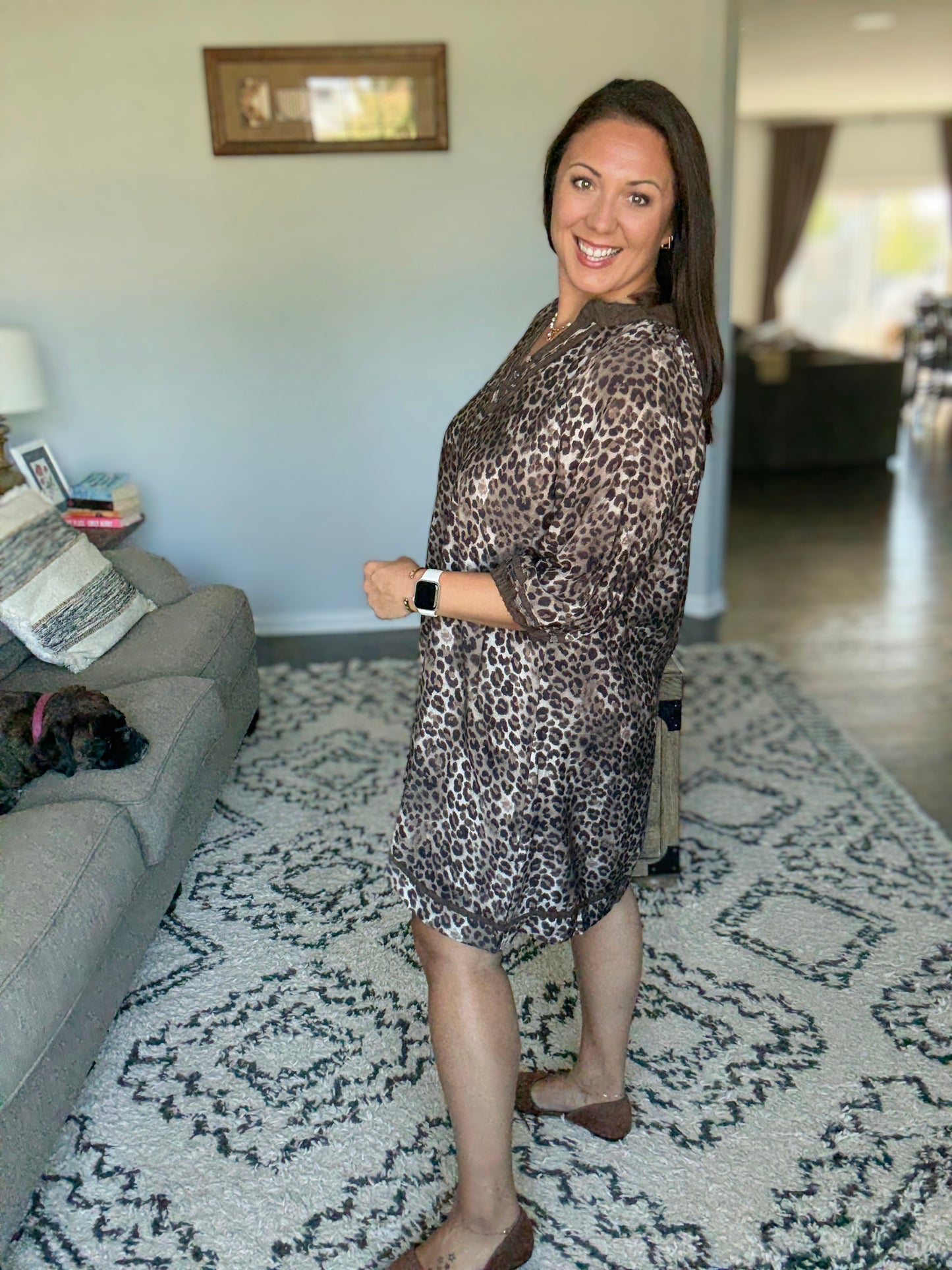 Umgee Full Size Leopard Print Mini Dress with Contrast Trim in Grey