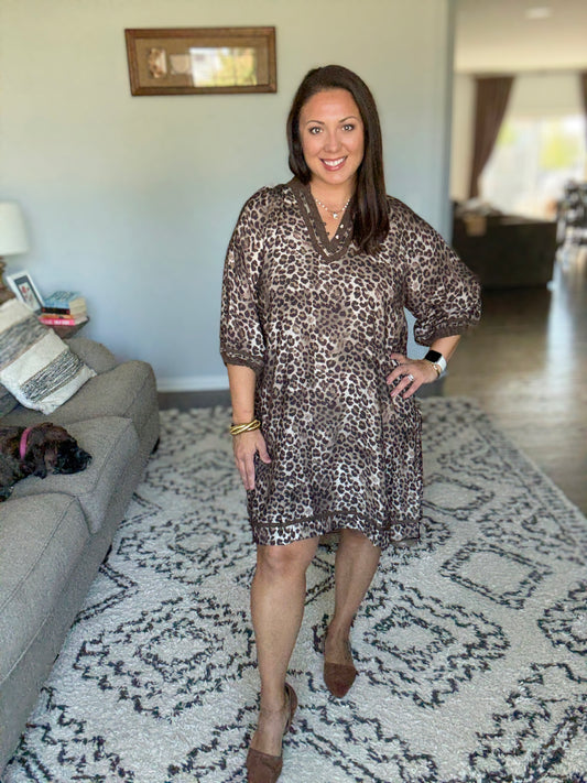 Umgee Full Size Leopard Print Mini Dress with Contrast Trim in Grey