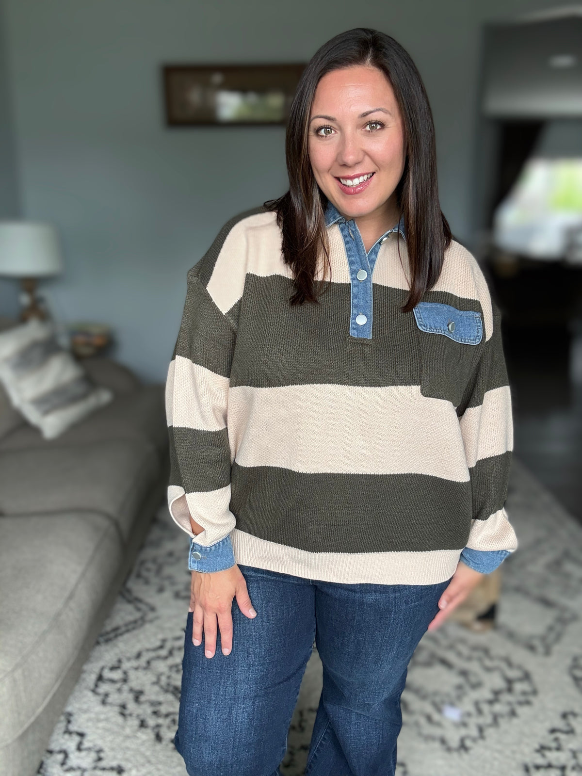 Olive Grove Striped Denim Collar Sweater