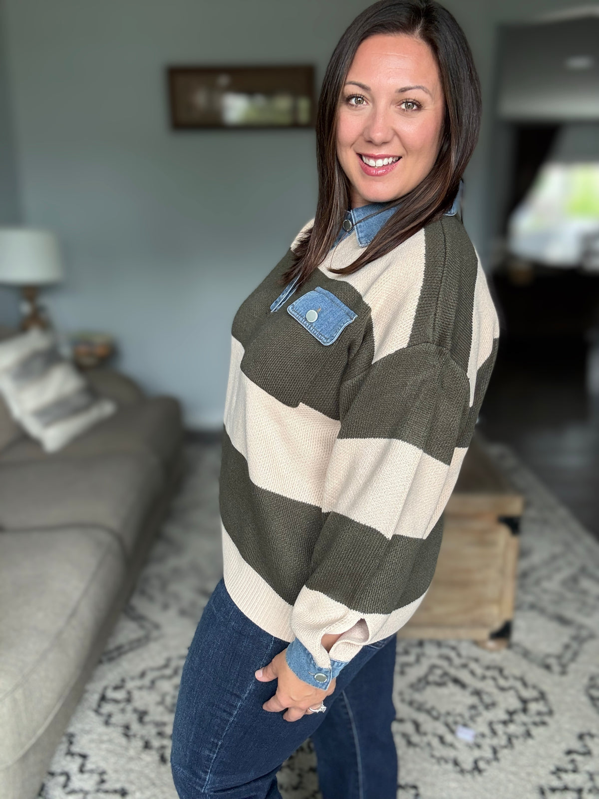 Olive Grove Striped Denim Collar Sweater