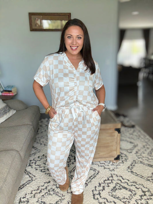 Shirley + Stone Short Sleeve Button Down Pants Pajamas in Neutral Check