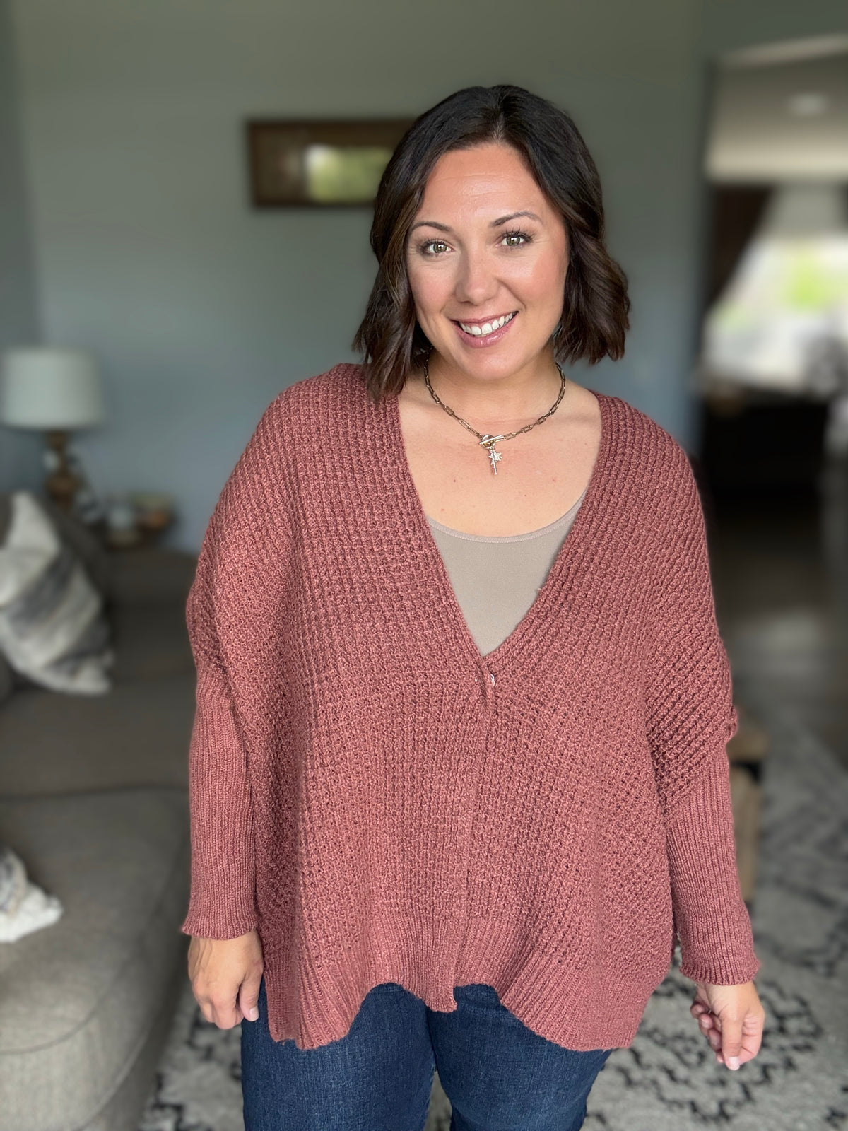 Cozy Button Front Waffle Knit Cardigan in Rust
