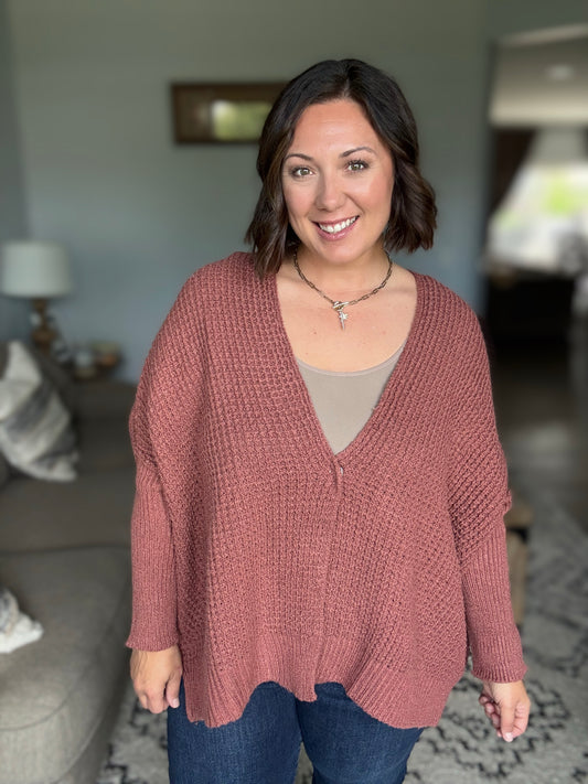 Cozy Button Front Waffle Knit Cardigan in Rust