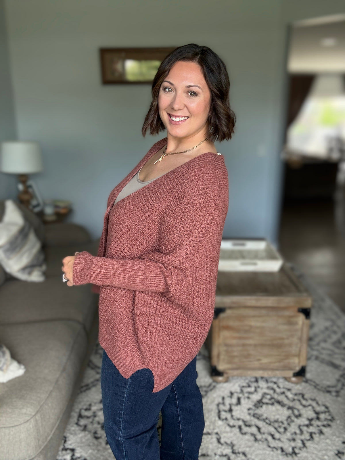Cozy Button Front Waffle Knit Cardigan in Rust