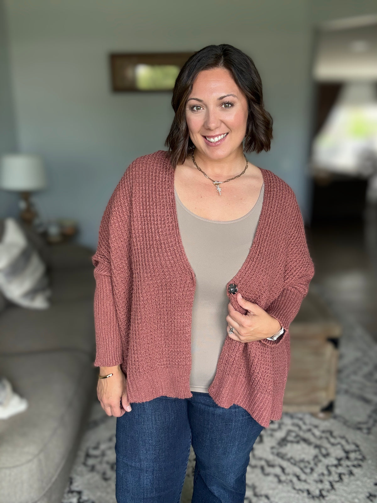 Cozy Button Front Waffle Knit Cardigan in Rust