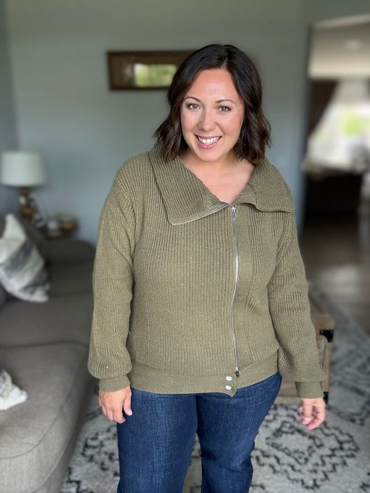 On Set Zip-Up Ribbed Sweater Jacket in Olive