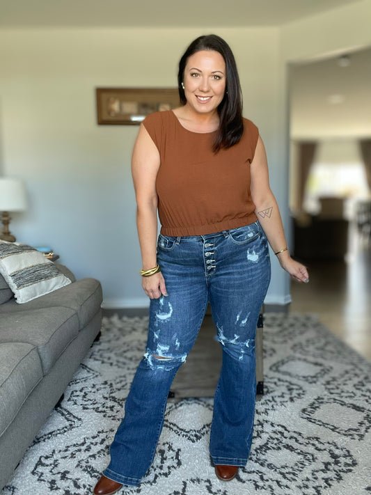 Gabriella Mid Rise Distressed Button Fly Flare