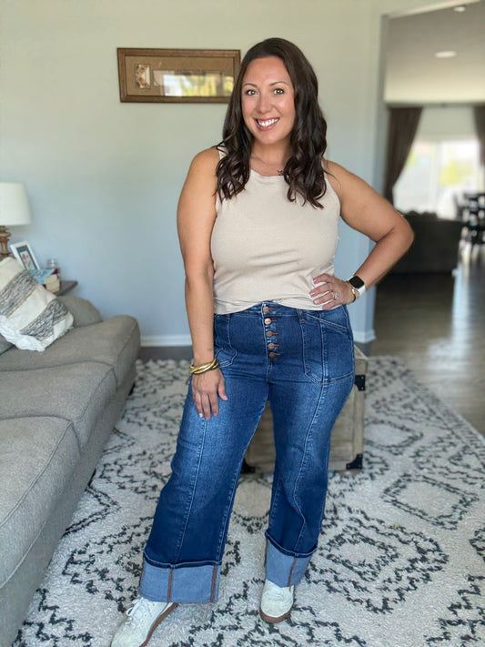 RISEN High Rise Wide Straight Cuffed Button Fly Jeans