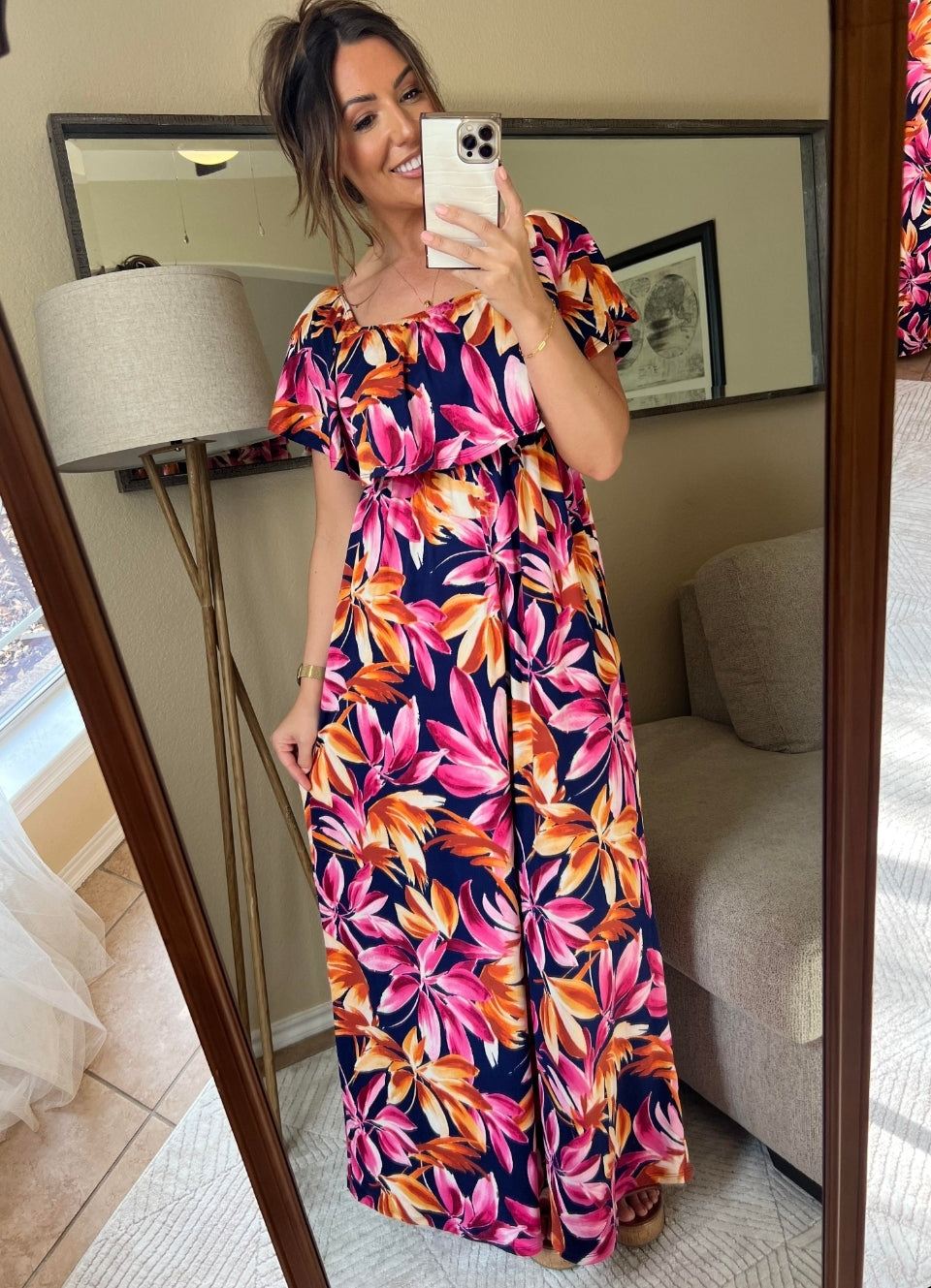 Oakley Off The Shoulder Maxi Dress - Navy Tropical